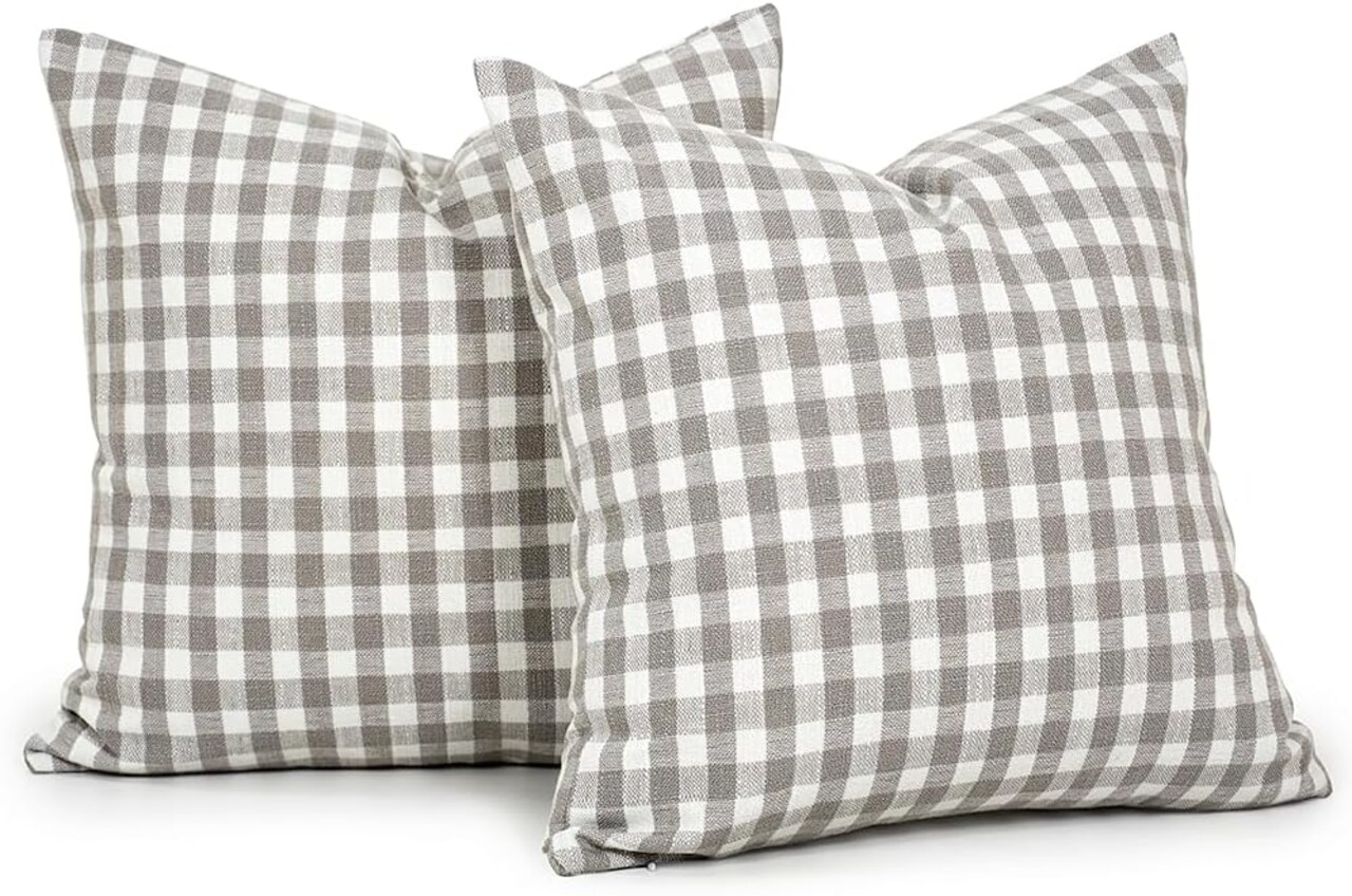 Outdoor Gray Plaid Christmas Pillow Covers 16x16 Set of 2, Light Grey and White Checkered Throw Pillows Covers, 16 x 16 Farmhouse Gingham Pillows Decorative Throw Pillows Covers for Couch